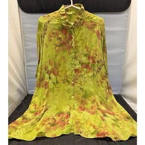 Tianello Blouse Tunic Green Floral Retro Boho Artsy Button Down Tencel Sz 2X